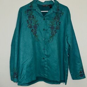 VTG Fashion Classics Sueded Long Sleeve Embroidered Bead Shirt/Jacket,Teal, Sz L